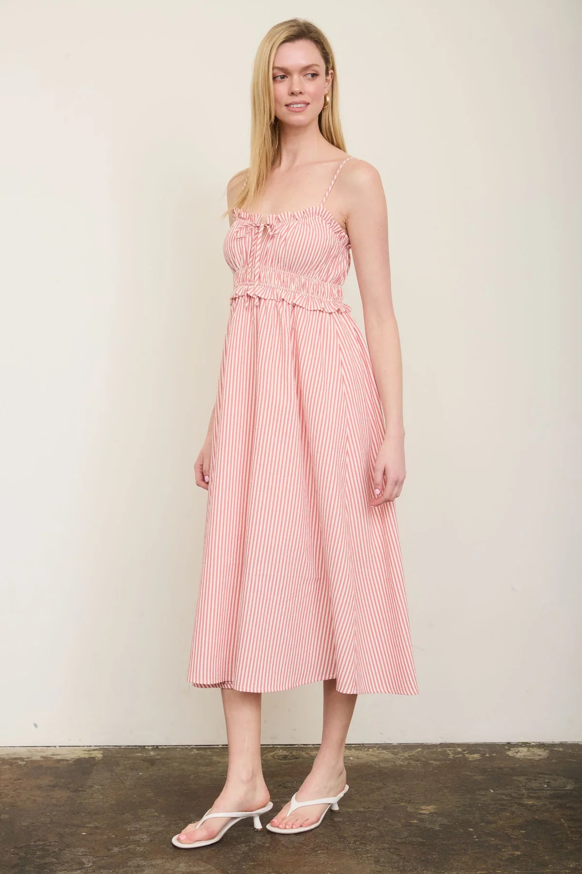 Stripe Spaghetti Strap Keyhole Ruffled Midi Dress