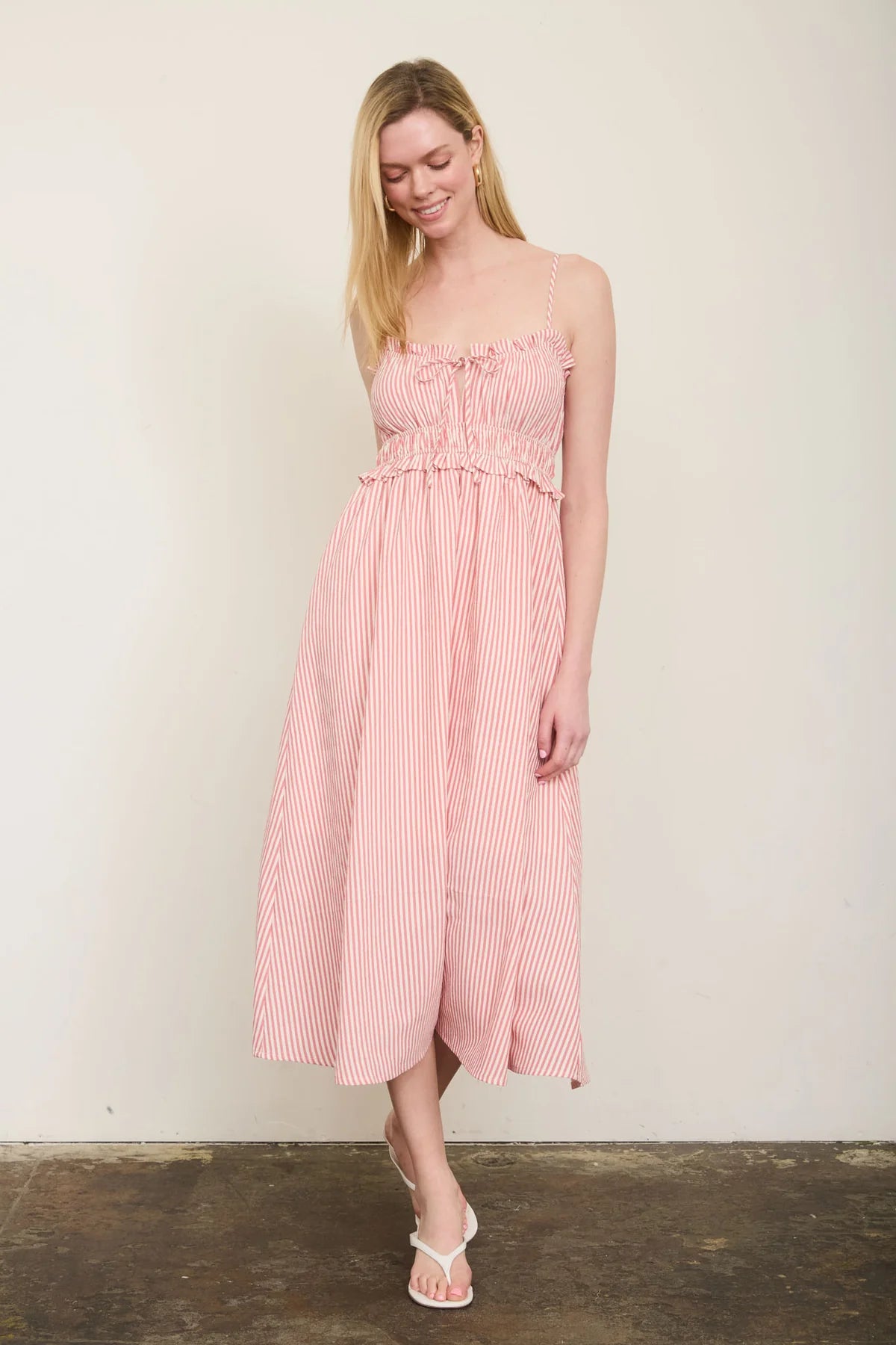 Stripe Spaghetti Strap Keyhole Ruffled Midi Dress
