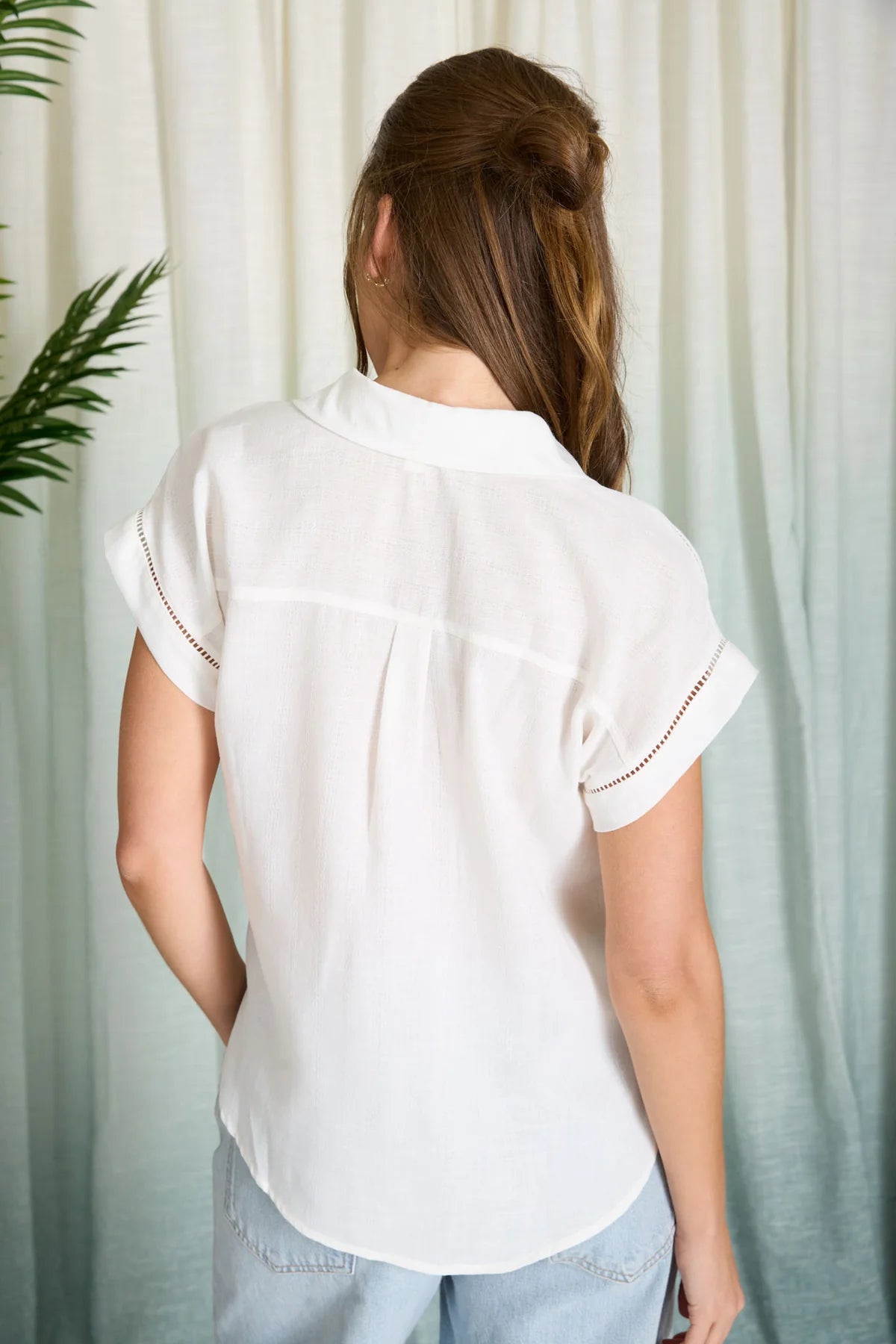 Collared V-Neck Short Sleeve Line Lace Detail Top