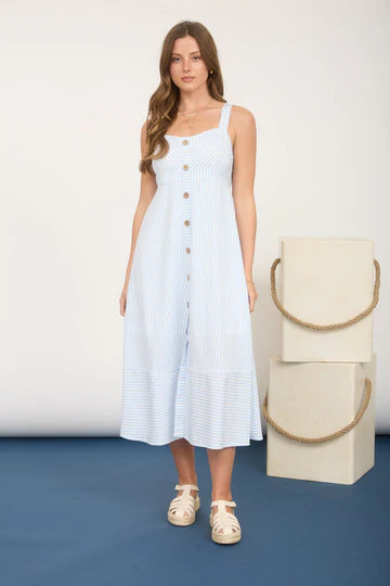 Stripe Button Down Sleeveless Midi Dress