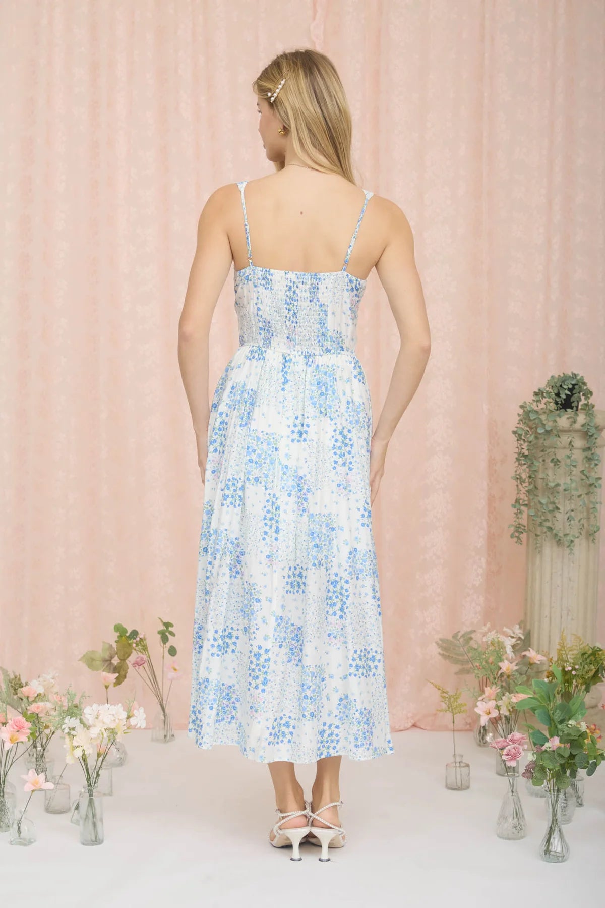 Floral Sleeveless Corset Front Tie Midi Dress