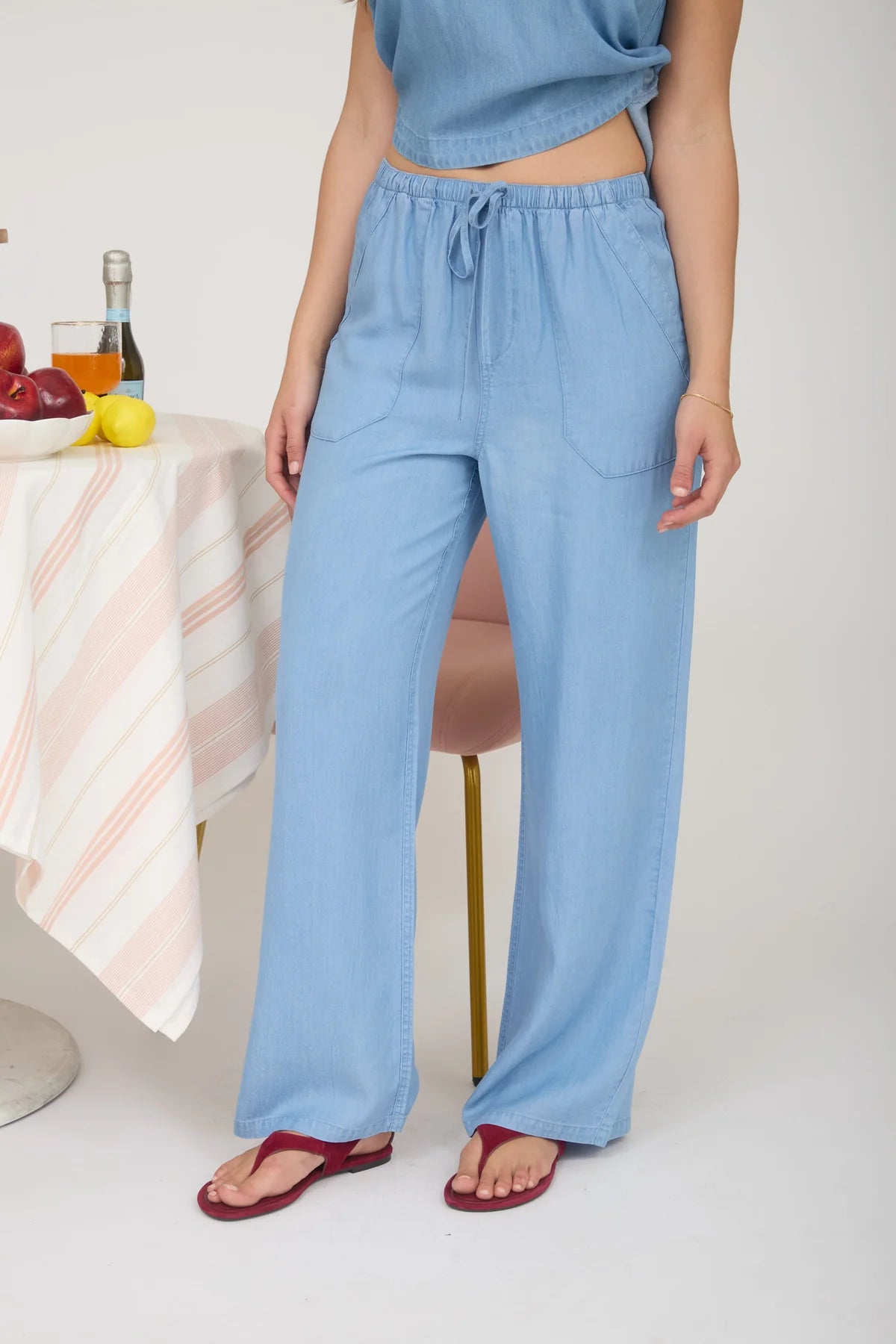 Chambray Drawstring Wide Leg Lounge Pants