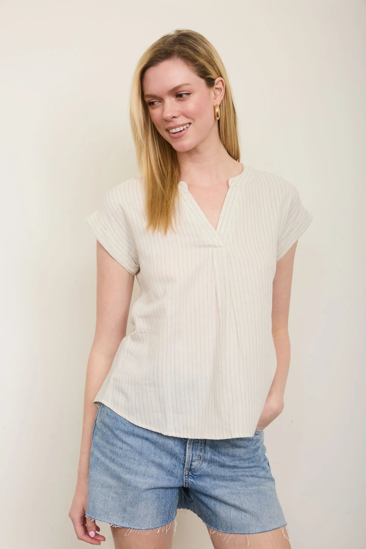 Split Neck Stripe Short Cuffed Sleeve Top