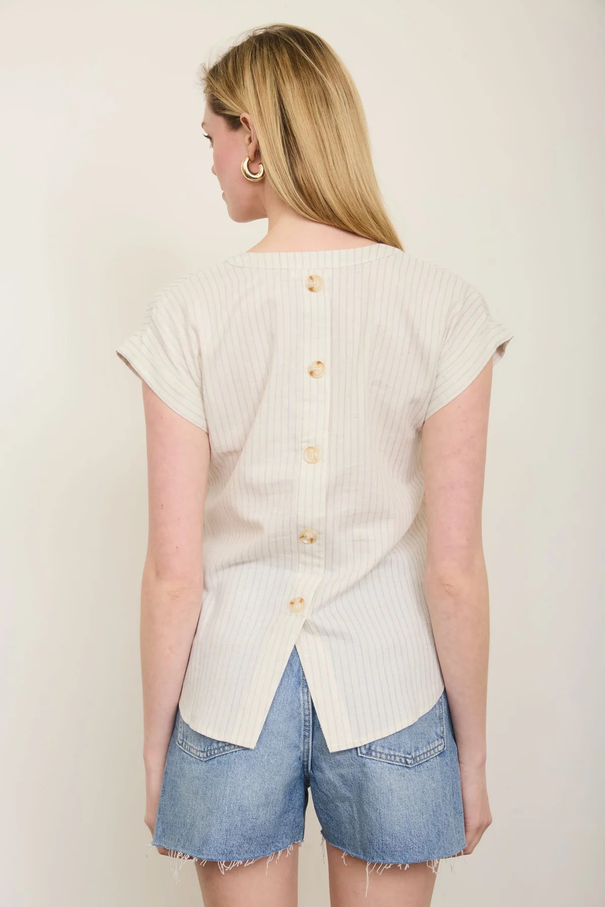 Split Neck Stripe Short Cuffed Sleeve Top