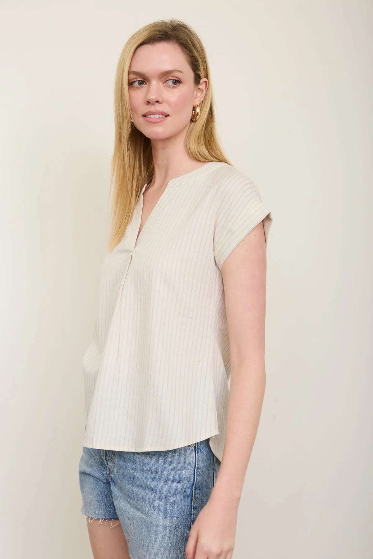 Split Neck Stripe Short Cuffed Sleeve Top