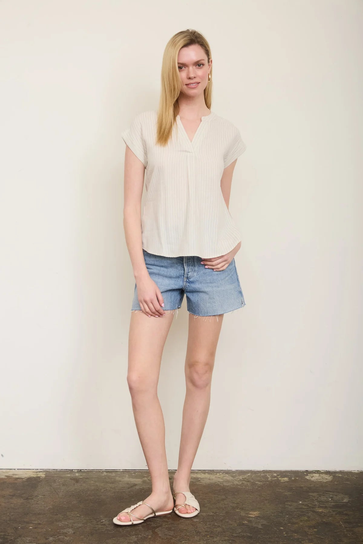Split Neck Stripe Short Cuffed Sleeve Top