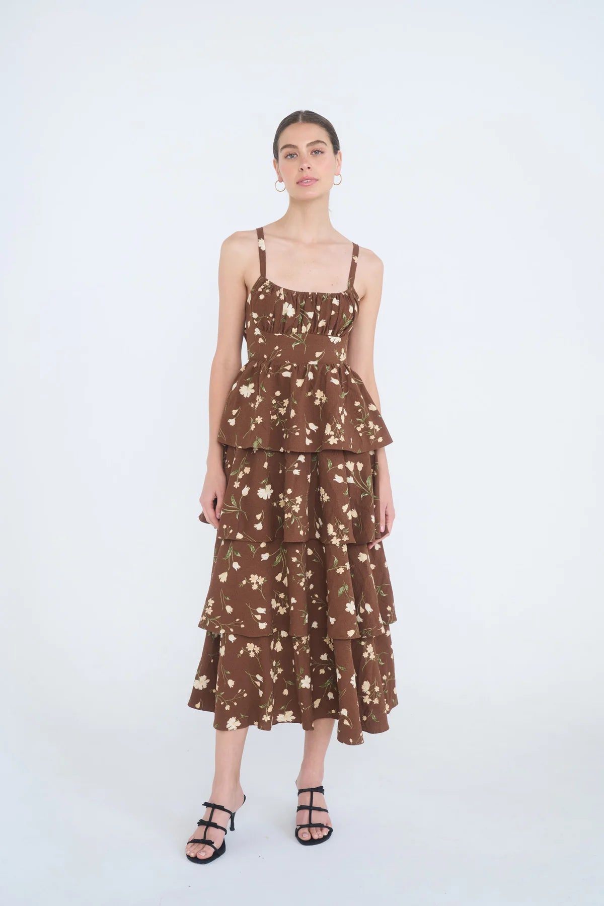 Floral Ruffle Tiered Back Tie Spaghetti Midi Dress