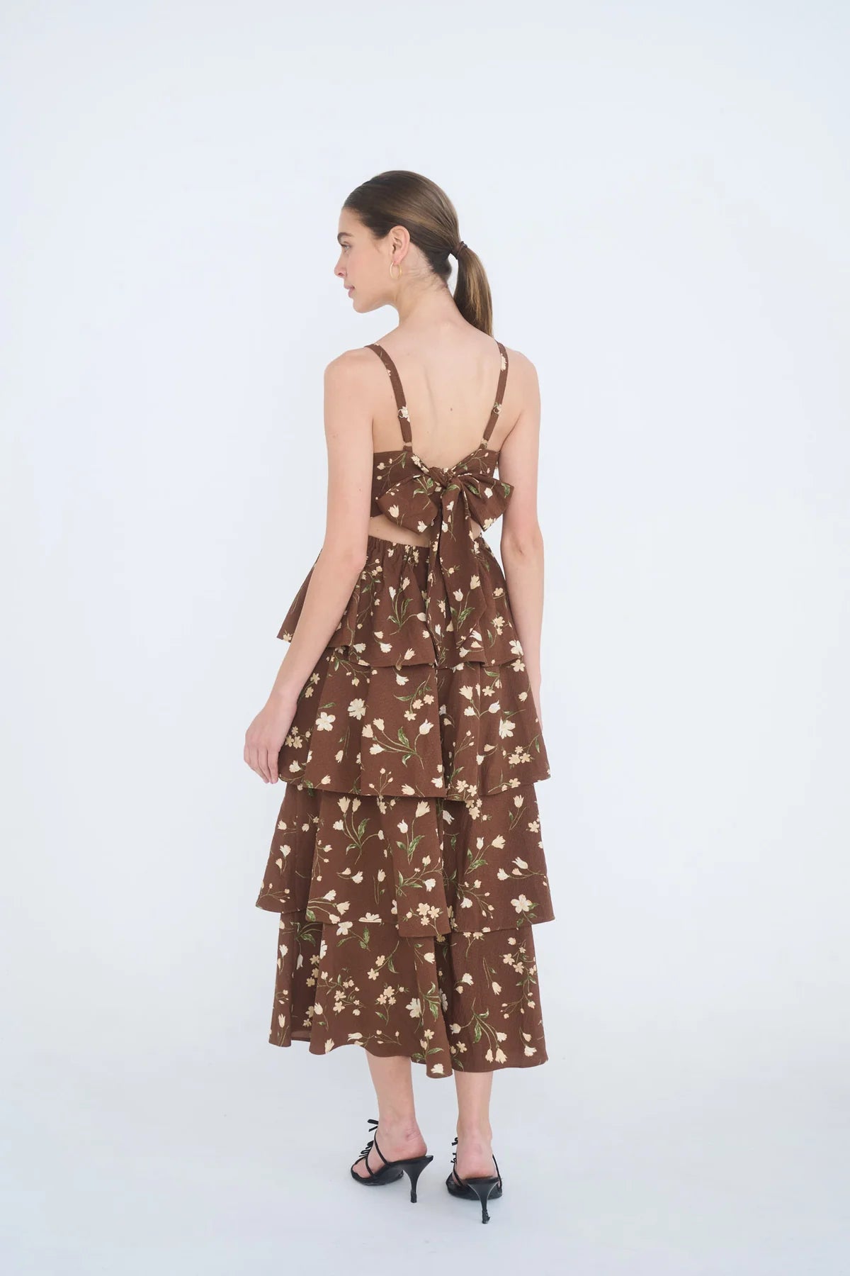 Floral Ruffle Tiered Back Tie Spaghetti Midi Dress