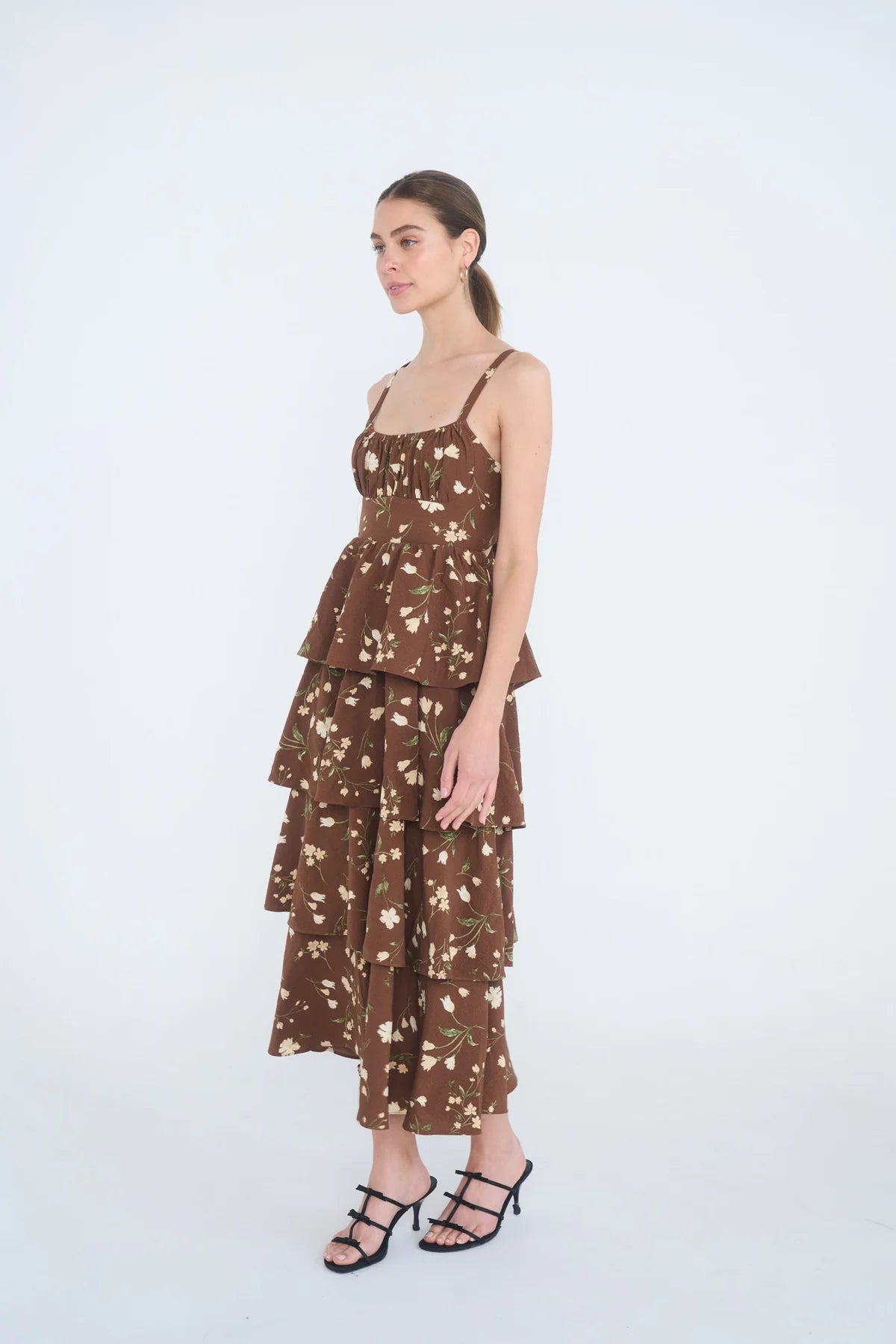 Floral Ruffle Tiered Back Tie Spaghetti Midi Dress