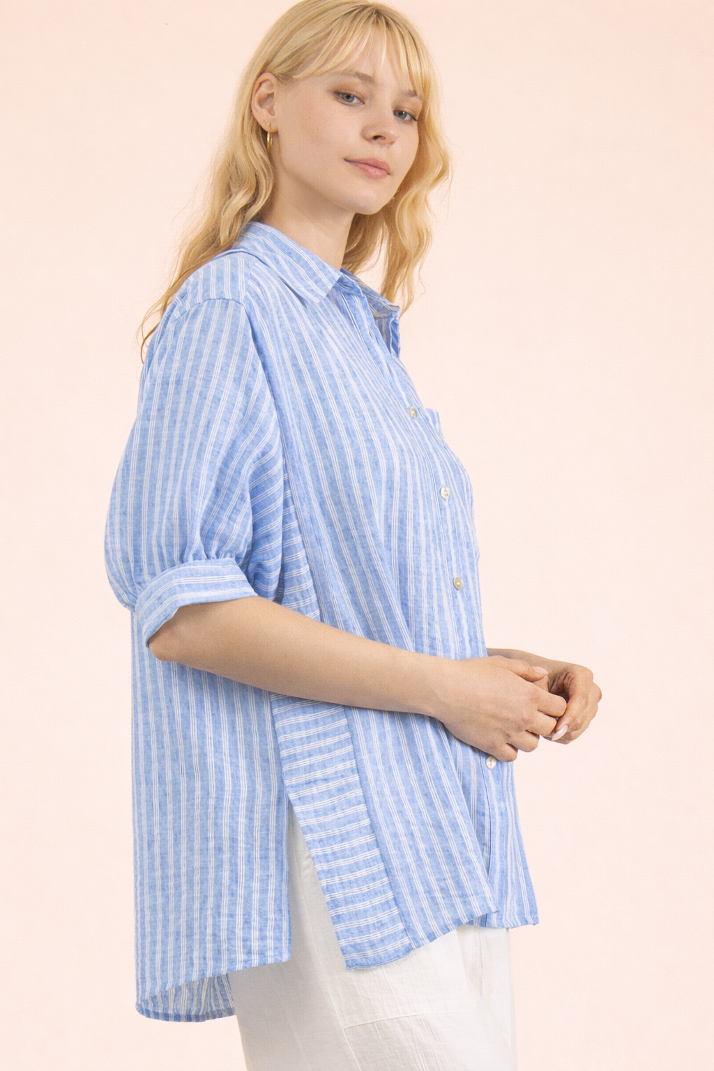 Stripe Half Puff Sleeve Shirt Top