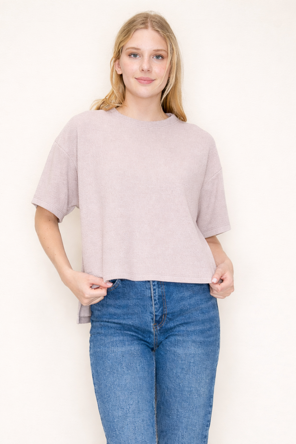 Cloudy Knit Round Neck 1/2 Sleeve Top