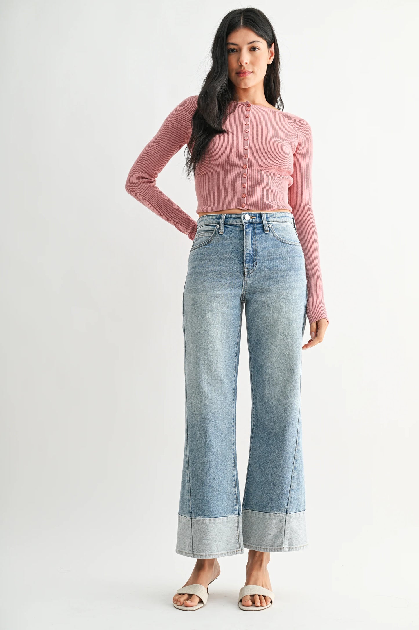 Onyx Two-Toned Hem Seamed Slim Wide Pants