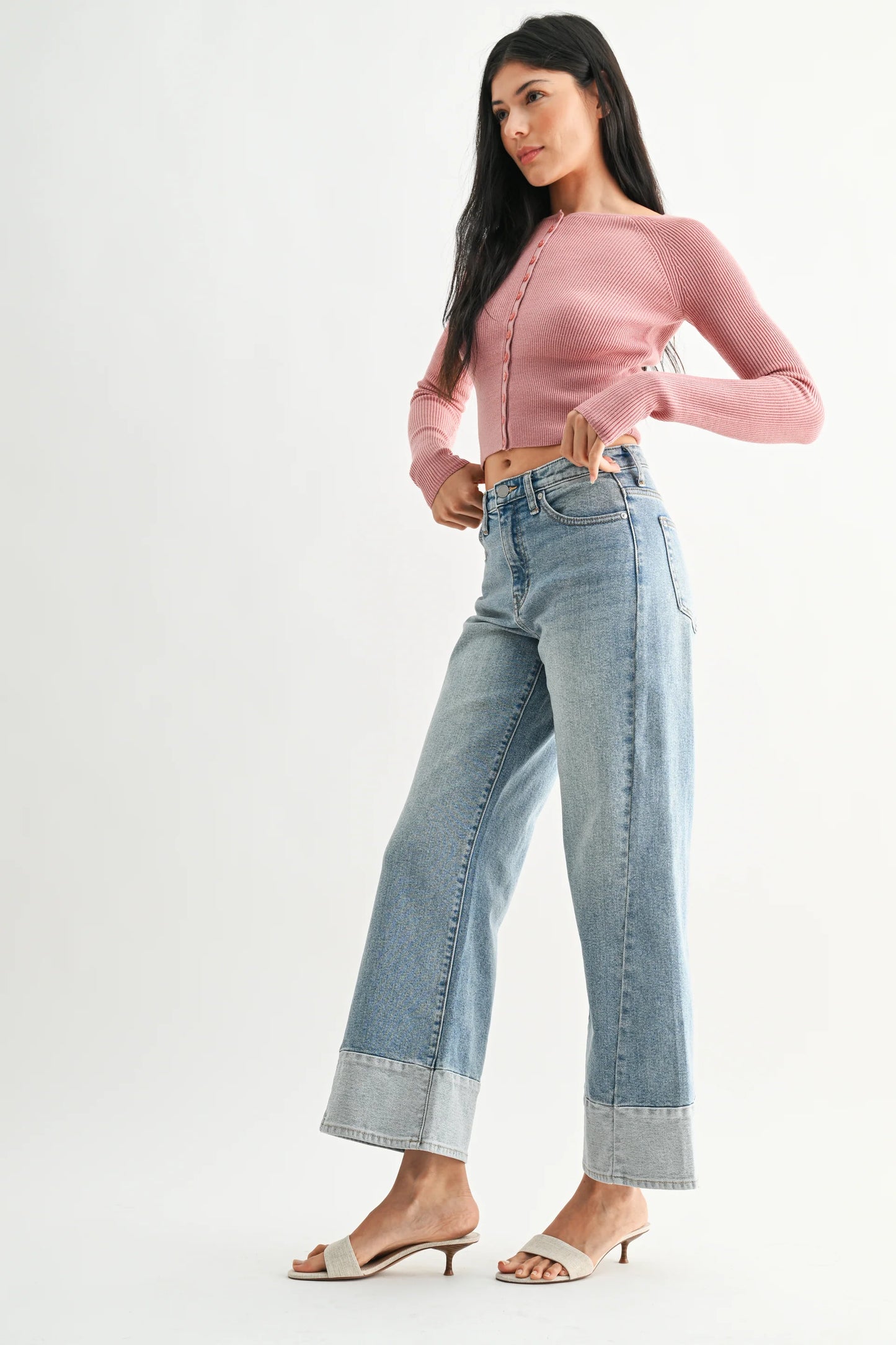 Onyx Two-Toned Hem Seamed Slim Wide Pants