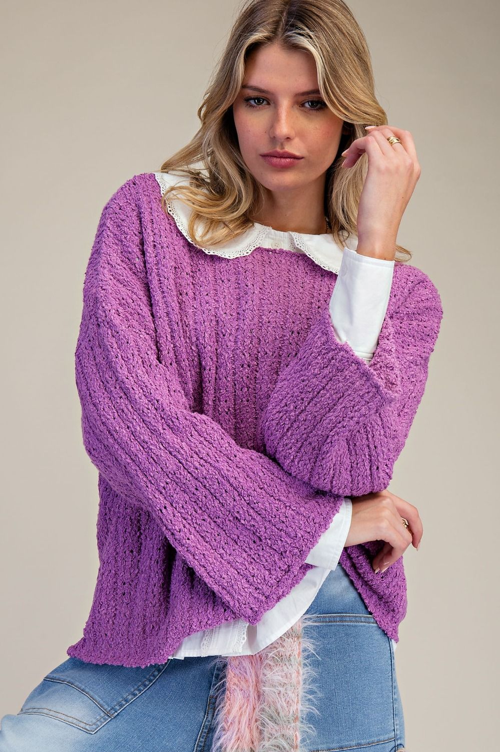 3/4 Sleeves Loose Fit Knitted Sweater