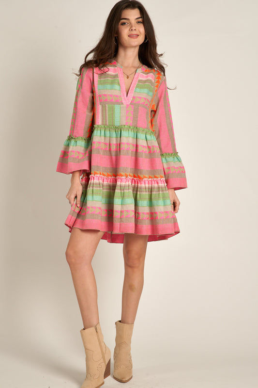 V-Neck Long Sleeve Colorblock Dress