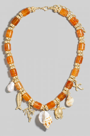 Sea Life And Pearl Charms Stone Beaded Necklace