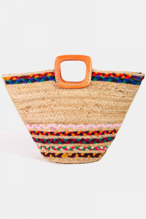 Square Wooden Handle Straw Bag