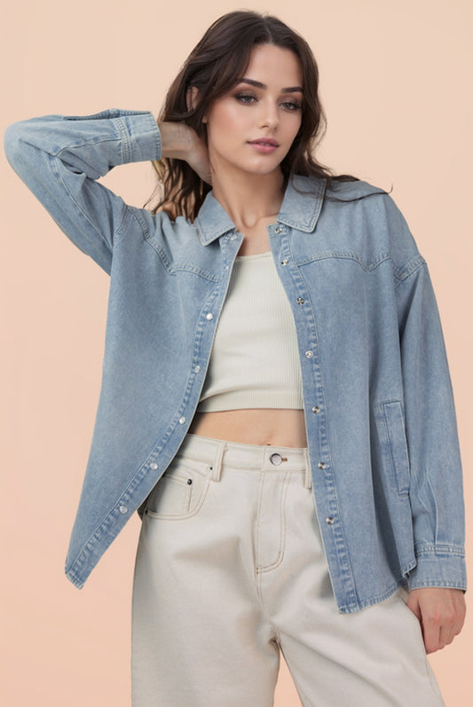 Oversized Washed Denim Casual Shirt Top