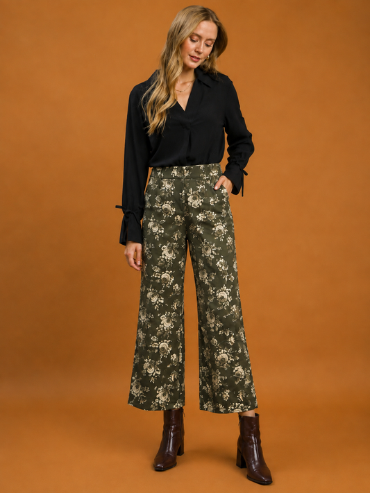 Floral Print Wide Leg Cropped Pants