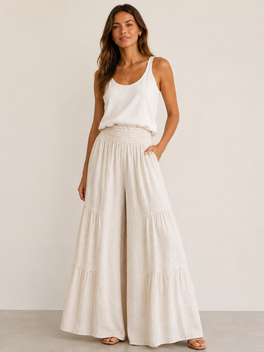 Soft Linen Blend Elastic Waist Flowy Pants