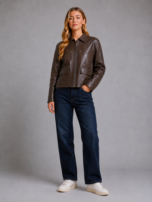 Pleather Zip Up Wide Cuff Jacket