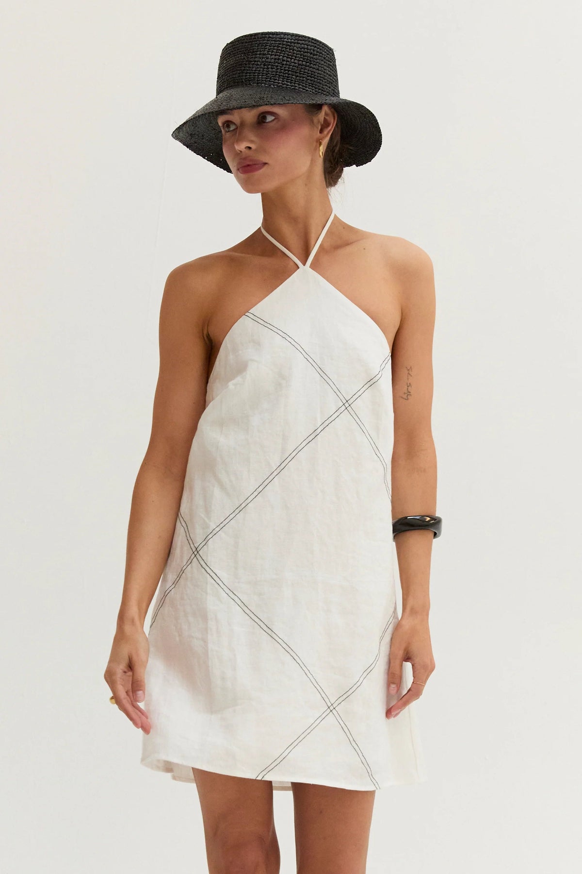 Lena Contrast Stitch Halter Linen Mini Dress