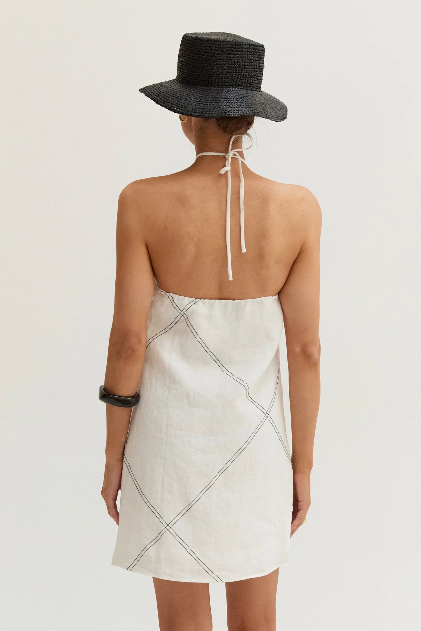 Lena Contrast Stitch Halter Linen Mini Dress