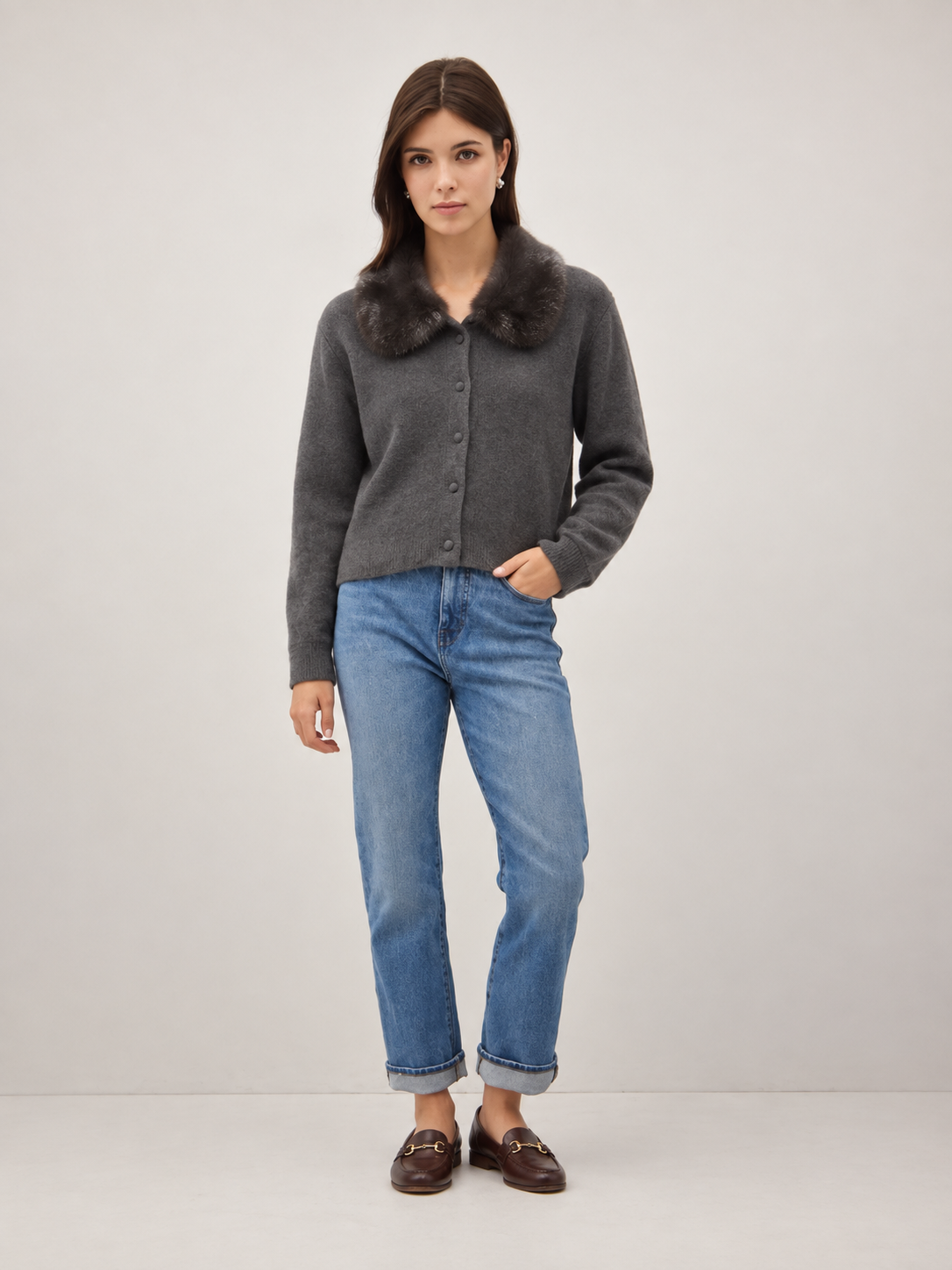 Wool Blend Fur Collar Cardigan