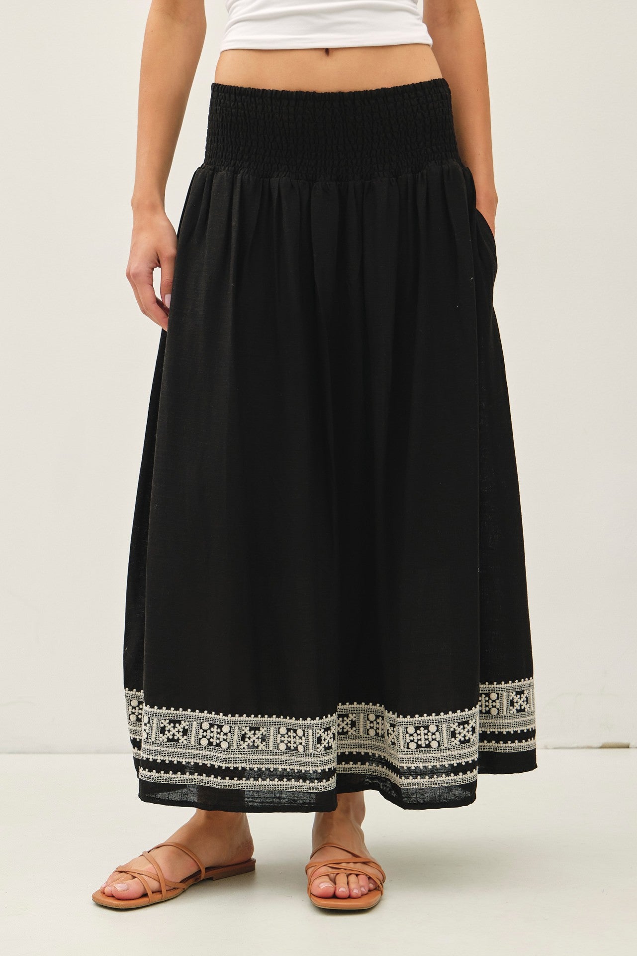 Embroidered Hem Maxi Skirt
