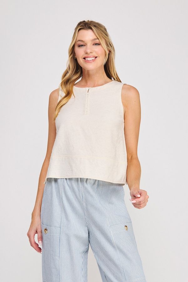 Button Collar Textured Linen Tank
