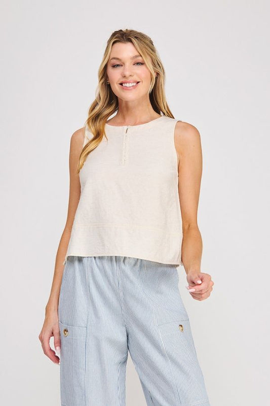 Button Collar Textured Linen Tank