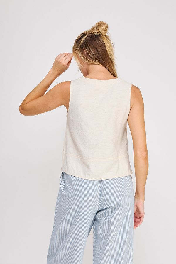 Button Collar Textured Linen Tank