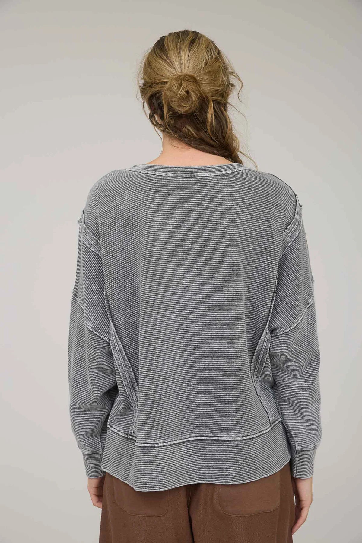 Washed Exposed Seam Side Slit Long Sleeve Knit Top