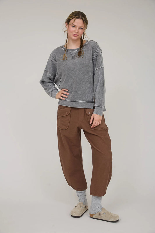 Washed Exposed Seam Side Slit Long Sleeve Knit Top