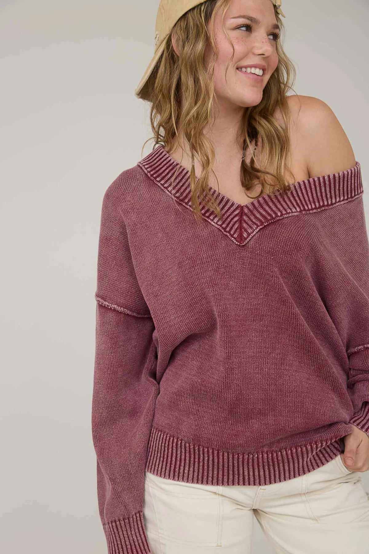Washed V Neck Long Sleeve Oversized Knit Sweater