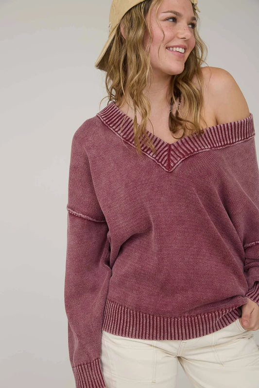 Washed V Neck Long Sleeve Oversized Knit Sweater