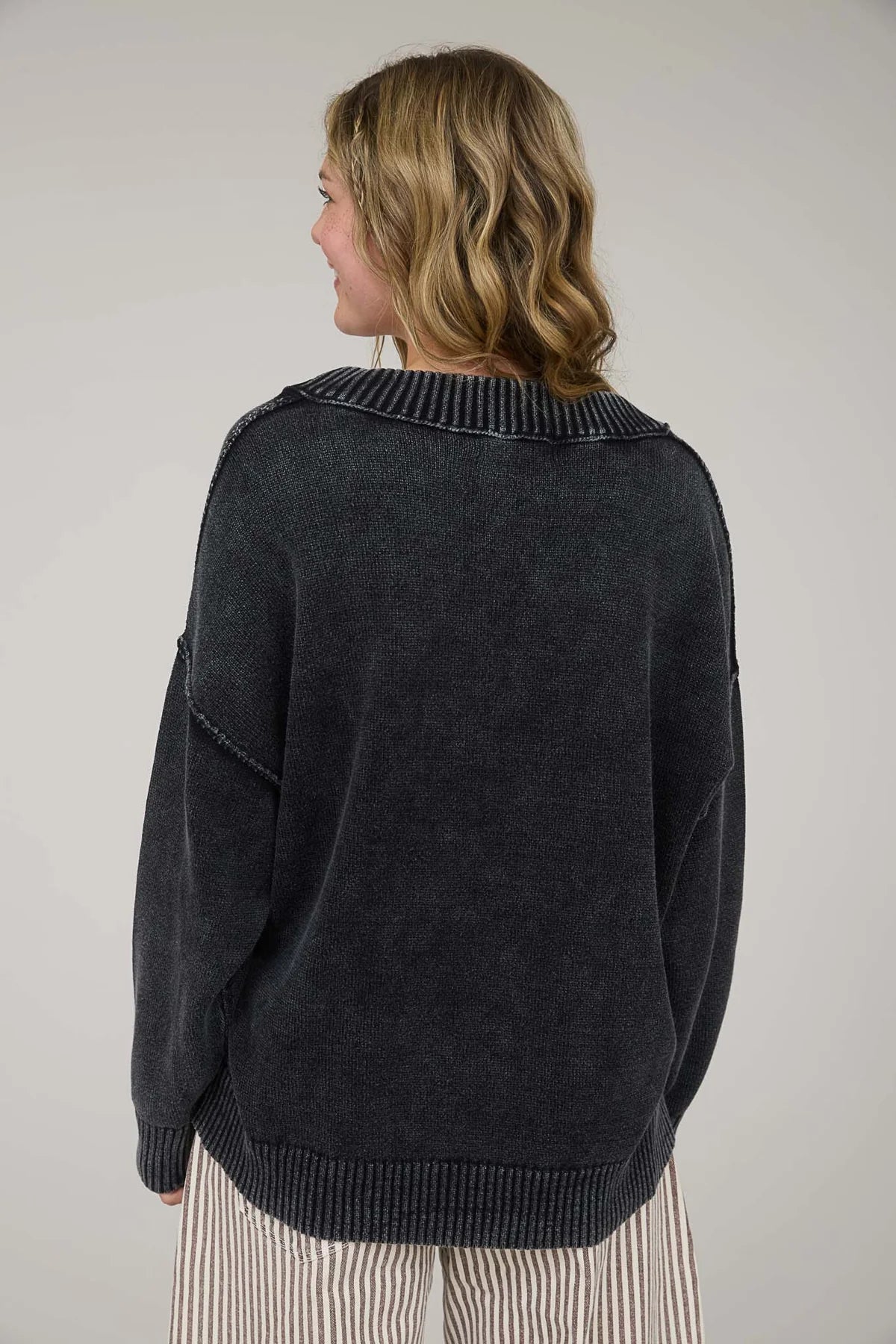 Washed V Neck Long Sleeve Oversized Knit Sweater