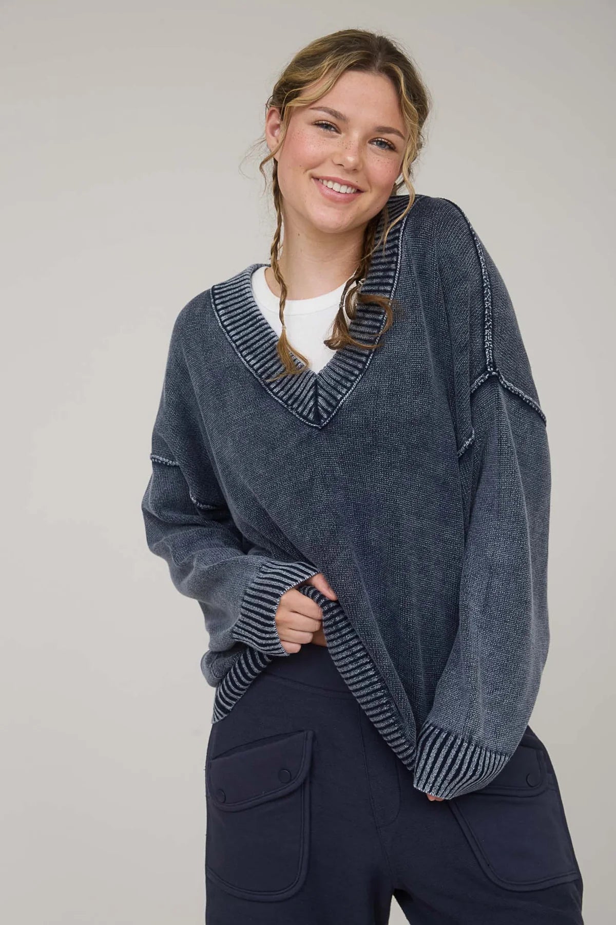 Washed V Neck Long Sleeve Oversized Knit Sweater