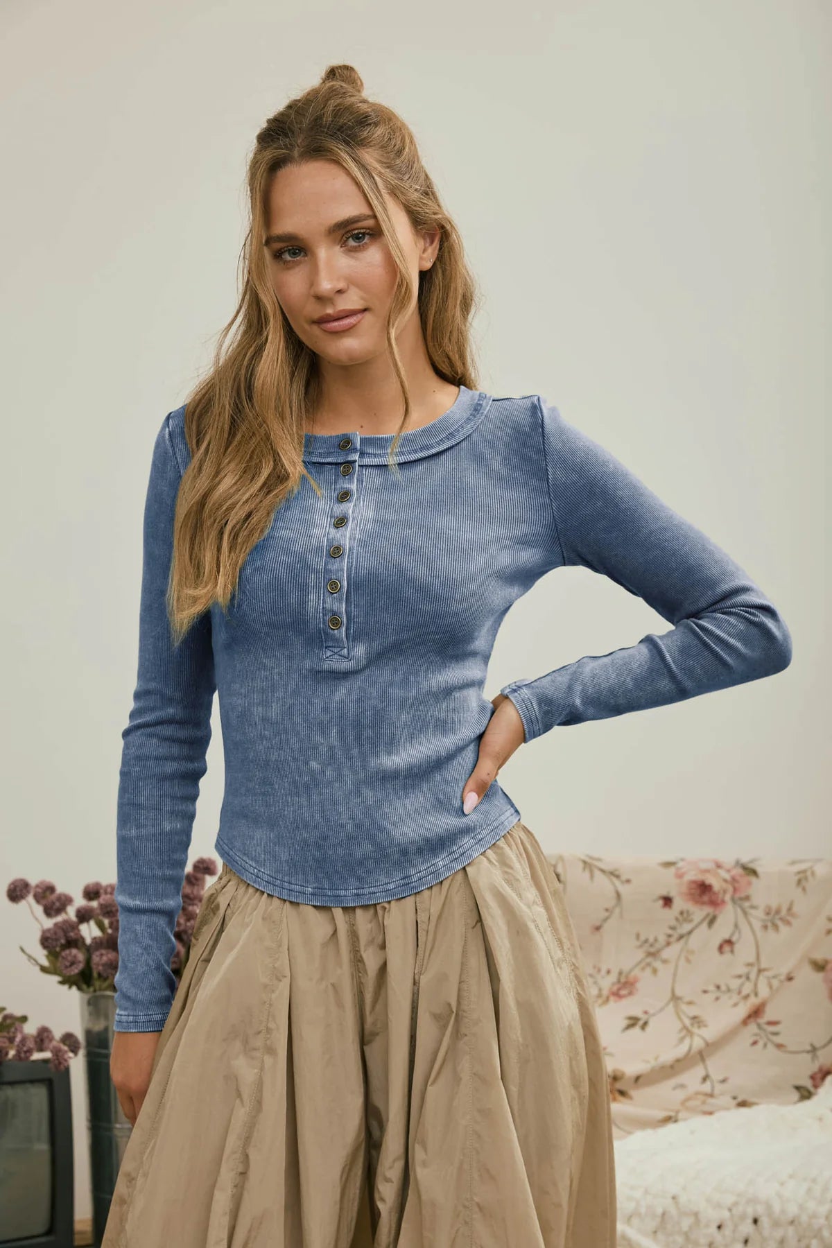 Fitted Long Sleeve Ribbed  Henley Knit Top