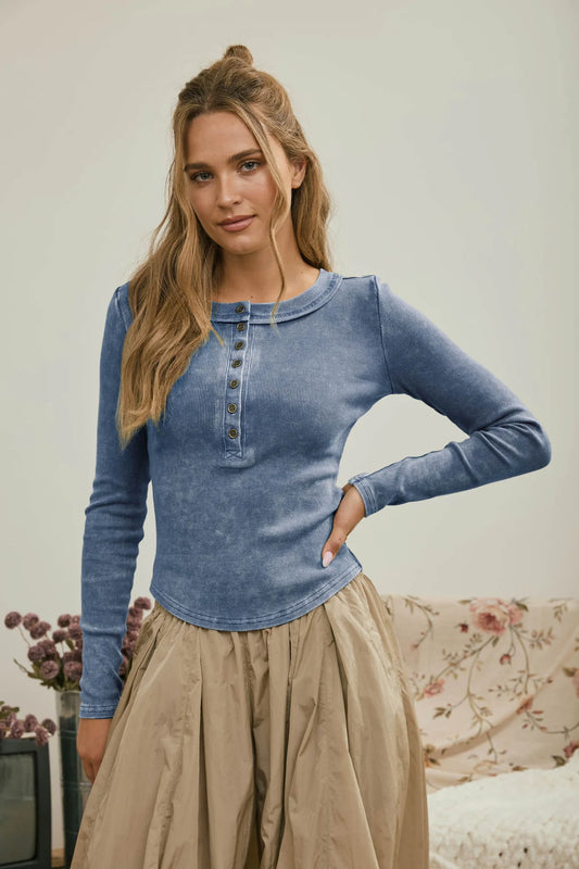 Fitted Long Sleeve Ribbed  Henley Knit Top