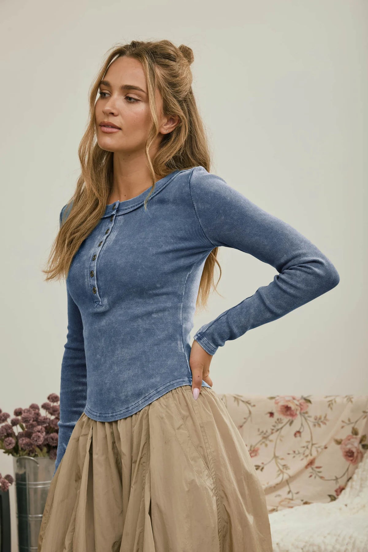 Fitted Long Sleeve Ribbed  Henley Knit Top