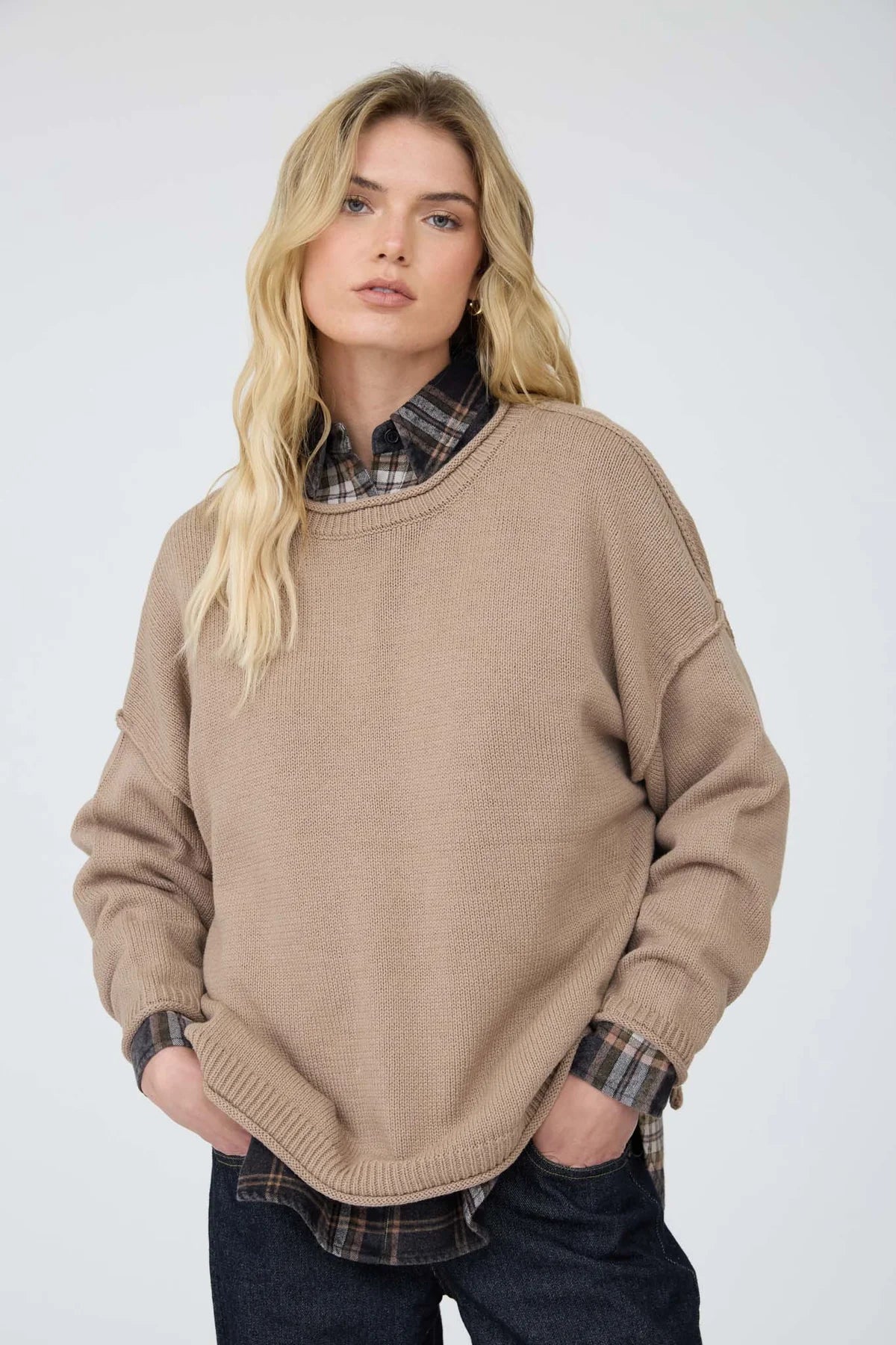 Raw Edge Extended Shoulder Long Sleeve Sweater