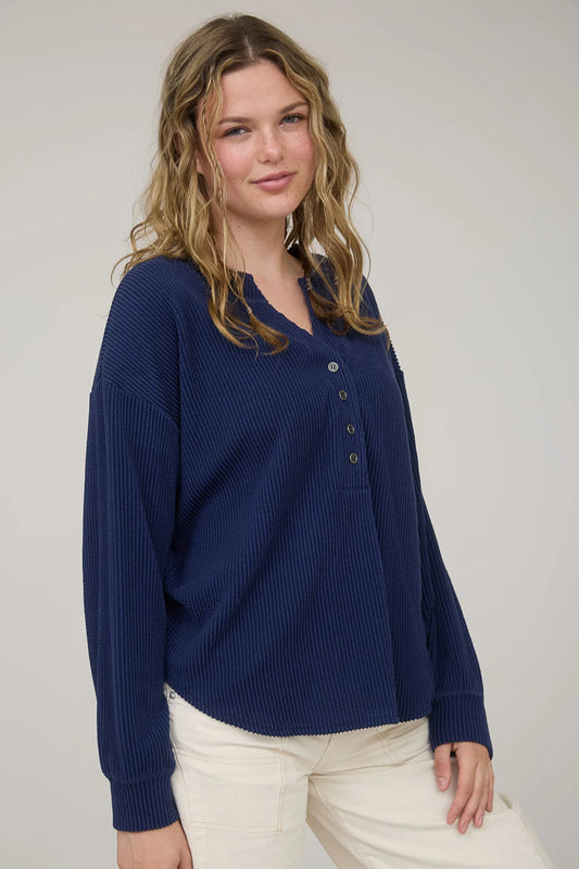Washed Ribbed Long Sleeve Henley Knit Top