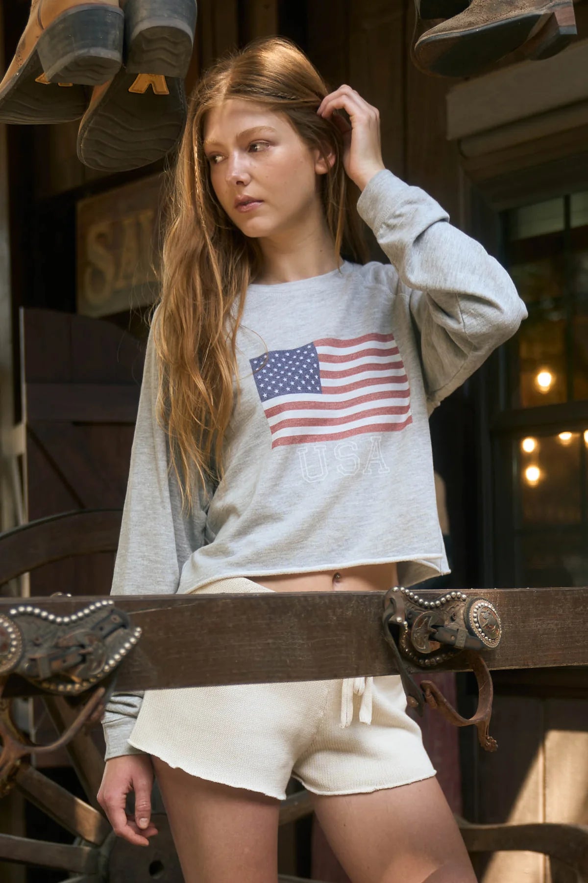USA Flag LOng Sleeve Raw Hem Knit Top