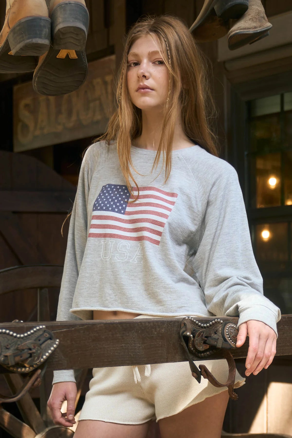 USA Flag LOng Sleeve Raw Hem Knit Top