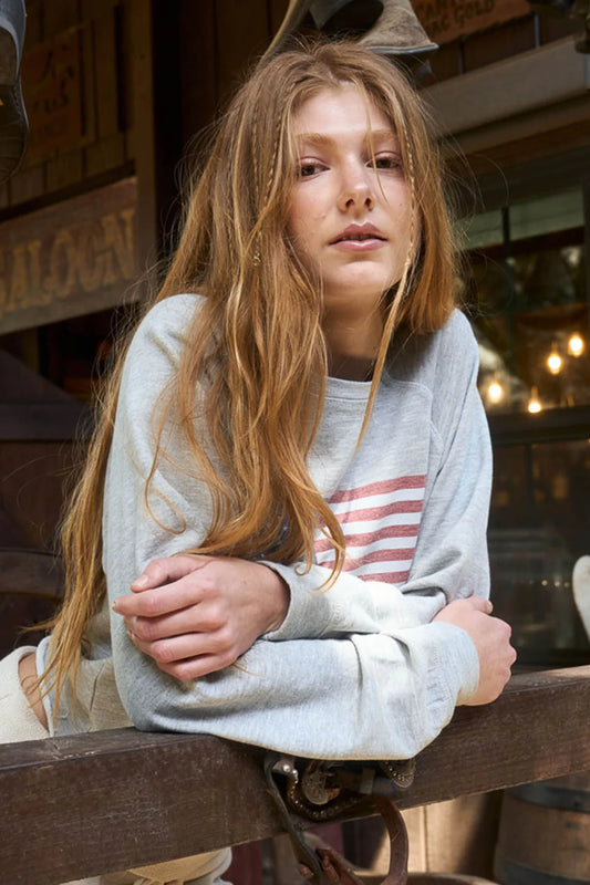 USA Flag LOng Sleeve Raw Hem Knit Top