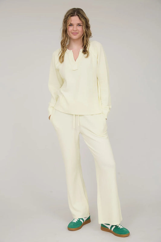 Washed Ribbed Split Neck Long Sleeve Knit Top