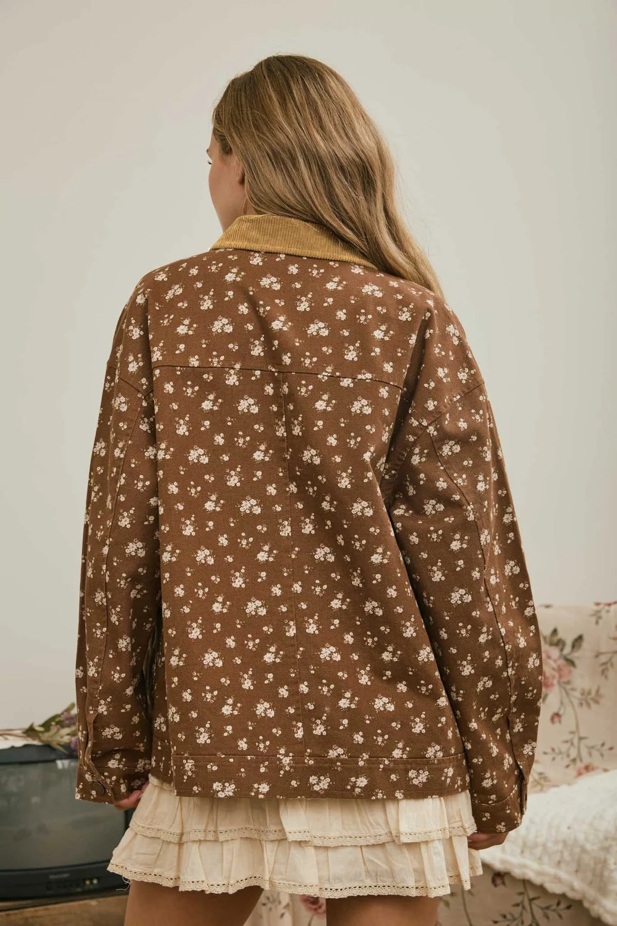 Floral Corduroy Collor Down Denim Jacket
