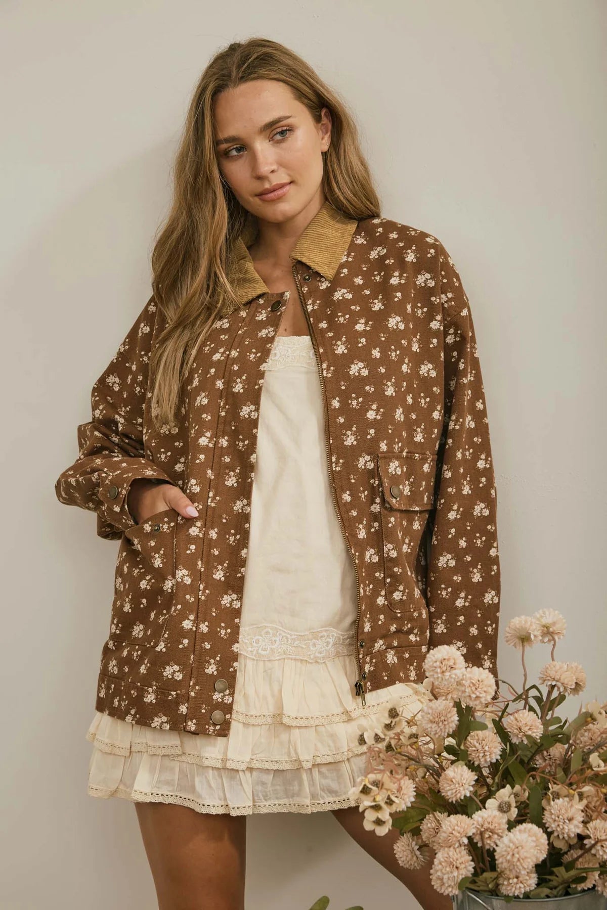 Floral Corduroy Collor Down Denim Jacket