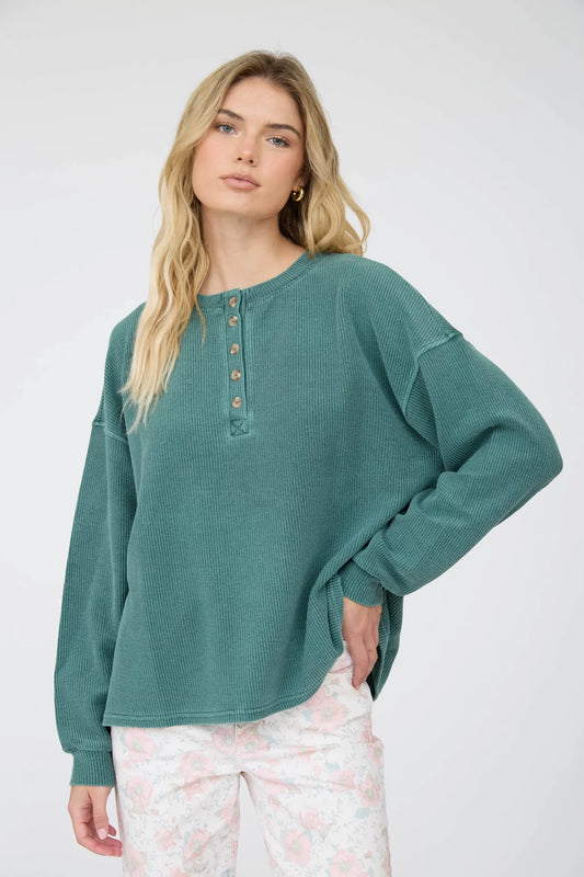 Henley Ribbed Boxy Long Sleeve Washed Knit Top